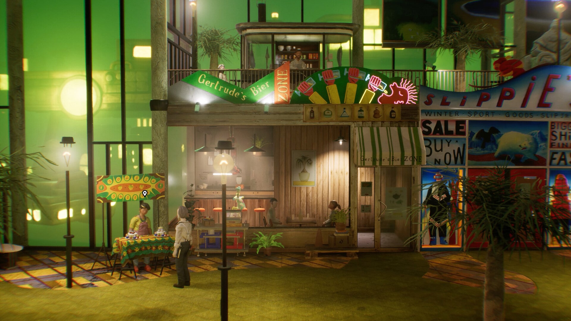 Escena animada estilo videojuego que muestra un mercado urbano nocturno en un estilo colorido y retro. A la izquierda, un puesto de venta callejero con un vendedor y cliente, frente a un bar iluminado llamado 'Gertrude's Bier' con personas dentro. En el centro, una tienda de deportes invernales con un letrero de neón 'SALE BUY NOW'. La imagen captura una atmósfera bulliciosa con una mezcla de actividad cotidiana y elementos estilizados, como un robot y un astronauta en el fondo, creando un ambiente urbano con un toque de fantasía y ciencia ficción.