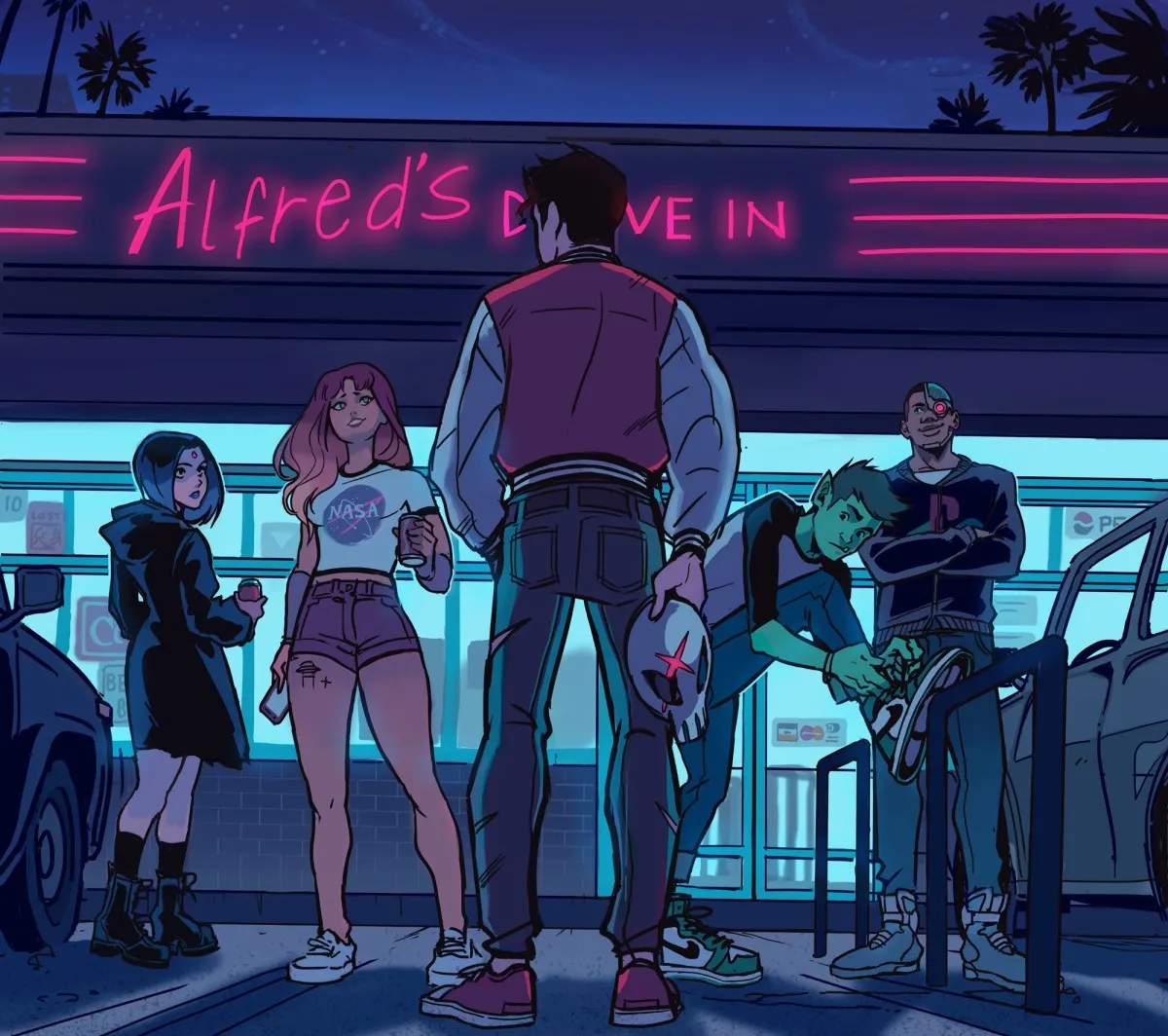 Ilustración de estilo cómic que muestra a un grupo de adolescentes en una gasolinera nocturna con luces de neón que dicen 'Alfred's Dine In'. Una chica con una camiseta de la NASA está en el centro, dirigiéndose a un joven de espaldas a la vista. A la izquierda, otra chica con capucha observa la escena, y a la derecha, dos chicos están junto a una motocicleta, uno de ellos ajustando un espejo. El cielo es de color azul oscuro con palmeras en el fondo, evocando una atmósfera urbana y juvenil.